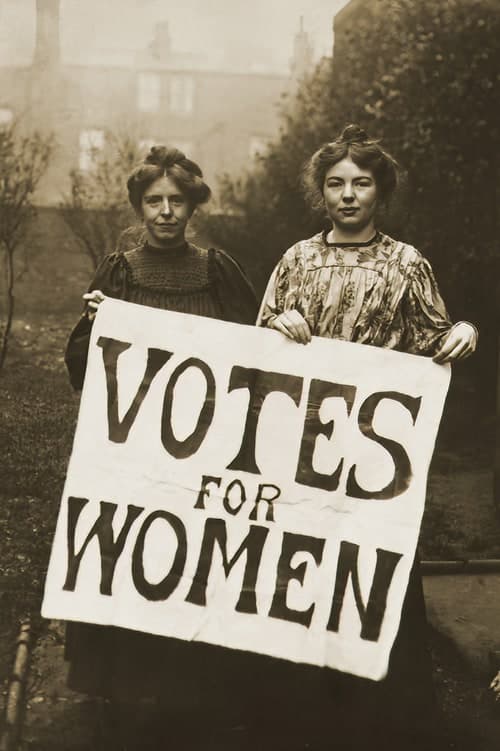 Annie Kenney and Christabel Pankhurst holding a large hand-lettered Votes for Women placard